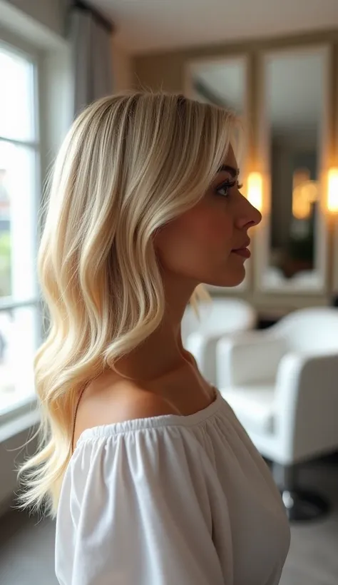  A profile of a blonde Latina woman with half hair and very subtle baby lights.  Her hair is styled with soft waves ,  and natural white light illuminates her face and hair from a window .  in the background ,  a modern and elegant beauty salon environment...