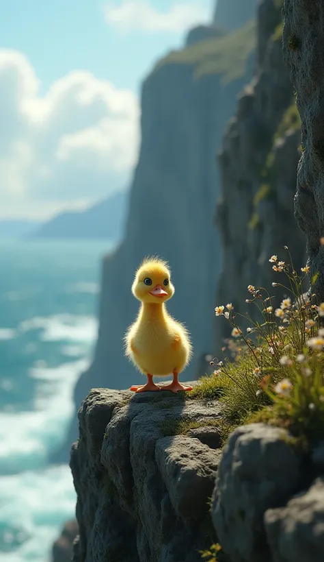 A small, scared duckling standing on the edge of a steep cliff, looking down nervously.