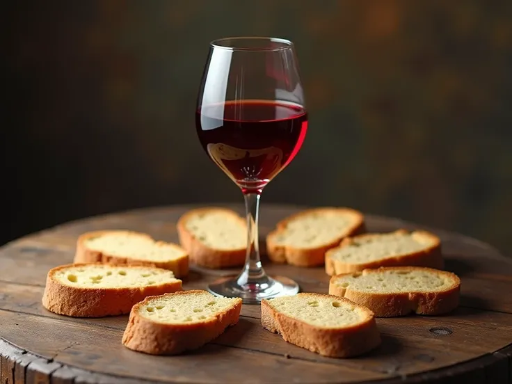 From above we see a wooden table . In the center of the table is a glass of red wine. Around the glass you can see 7 slices of the same bread in a circle.