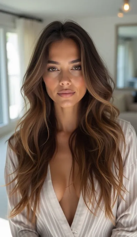 A top shot of a brown-haired Latina woman with long, loose hair,  showing the natural effect of baby lights in a lighter tone than her base.  The white light of the environment highlights the reflections and texture of the hair .  The background is a moder...