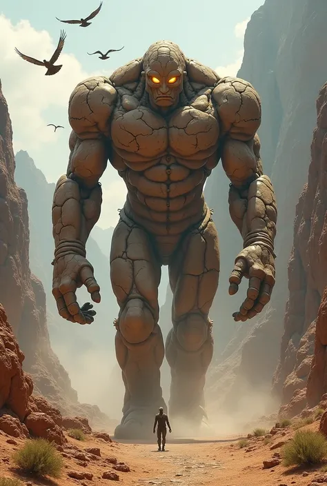  A giant clay golem,  with glowing eyes , hiking in a canyon in an arid region, mountainous and desert. Some birds flying around your shoulders and head. hyper-realistic.