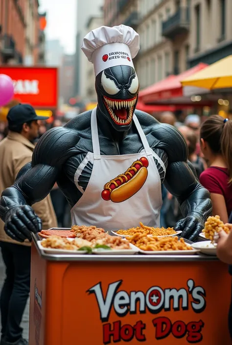 Imagine o Venom,  the famous Marvel antihero with a cook's hat and a white apron with a drawing of a hot dog,  in a fun and unusual setting . He stands behind a vibrant and colorful hot dog cart written “Venom's hot dog”, with a variety of sausages and sid...