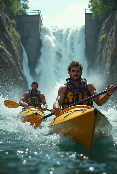 Make a realistic image of two men in their kayaks, parados perto da sessão Subway shoots da Great falls, no rio potomac. Their expressions show that they are scared.