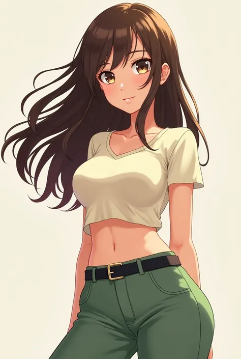 Anime Girl, bronw Hair, Cream Crop top, sage green pants, Black belt, 2D style