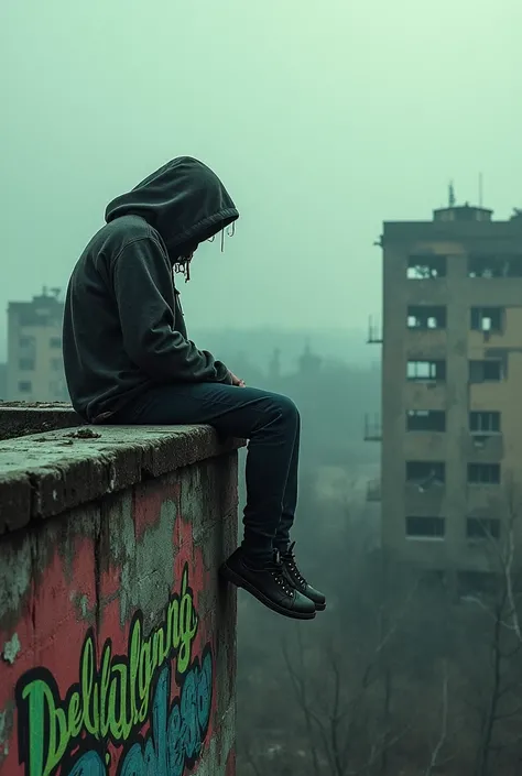 Picture of a man wearing hoodie over an abandoned factory with graffiti spelling decaying north east rooftop hanging his feet off from behind