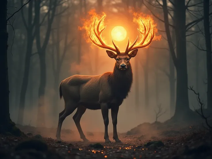 A majestic deer stands poised in a mist-shrouded glade, its powerful antlers aflame with swirling orange embers. At the center, a blazing orb of light balances like a second sun, illuminating the creature’s rugged fur in brilliant highlights and deep shado...