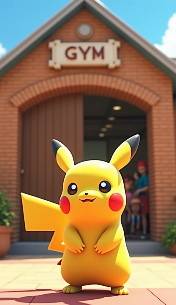 3D pixar style image, Pikachu in front of a gym. Scenario behind the door of a gym. Above the door it says GYM