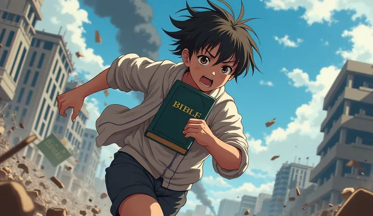  Create an image, based on anime, Of a character running around holding the bible embraced, Does the word bible have to be highlighted in the book, in a setting being destroyed by war, during the day,  with the distant camera,  the focus with the anime ref...