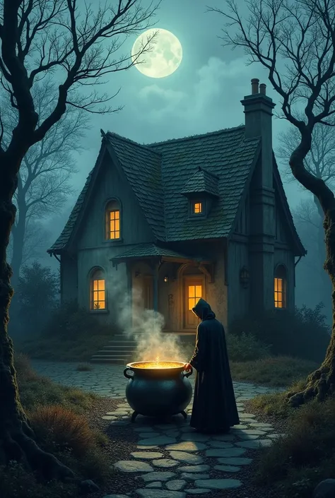 A witch's house in a dark and dark environment, Where do you want to put a  in the cauldron 