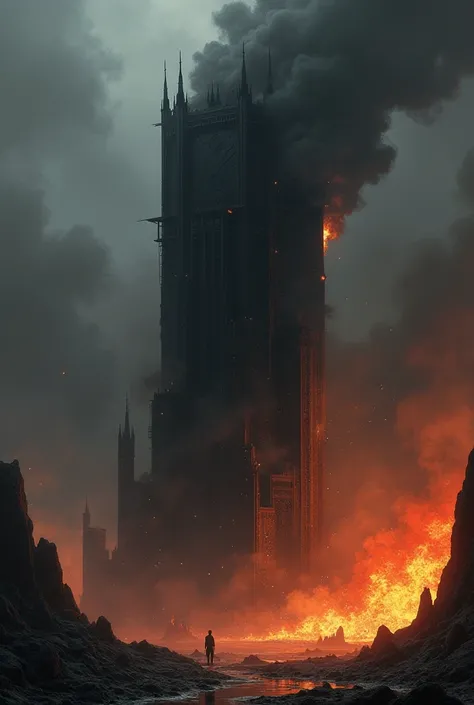 A black tower attacked with smoke and fire 