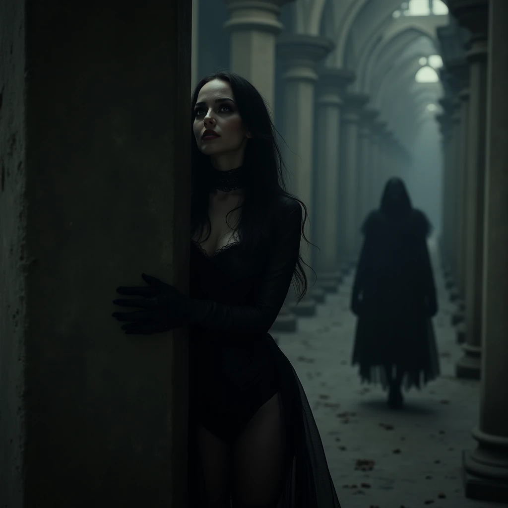 
a dark gothic witch woman dressed in a black bodice and black pantyhose, dark gothic makeup, medium long hair in a dark gothic style, while hidden behind a gothic style column with a terrified look she observes a stragler who is heading towards her in the...