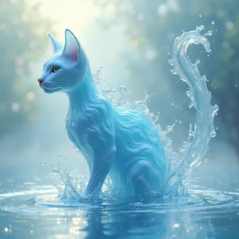 A surrealistic image of a cat made entirely of flowing water, forming its shape in a playful pose. The water cat is surrounded by shimmering droplets and reflections of light, set against a soft, dreamy landscape that enhances its ethereal quality. The col...