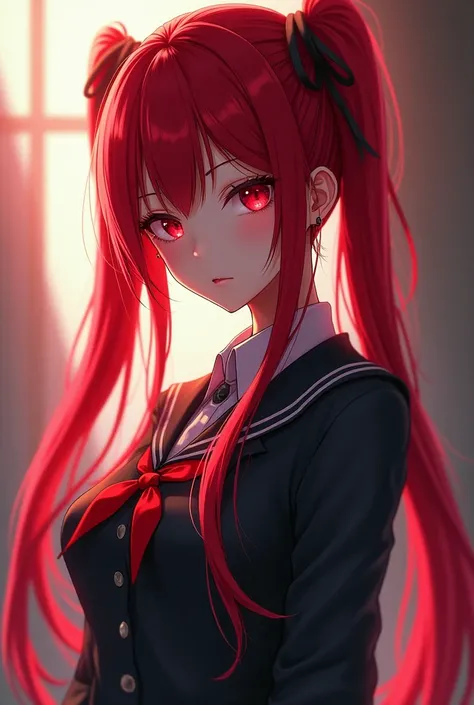  red eyes, Busty slender anime-style schoolgirl with red twin tails