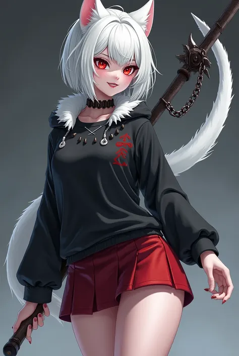 woman, Pale white fur , crimson eyes,  full white hair and short ,  pointy teeth, black and wide sweatshirt that hides the legs, red mini skirt,  some chains through the clothes and a collar with thorns *2D anime version *  big thighs. Holding a huge white...