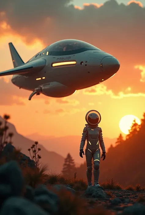 Create a short cinematic video of an alien astronaut arriving on Earth. The scene begins with a sleek, futuristic spaceship descending through Earth’s atmosphere, glowing against a vibrant sunset sky. The spacecraft lands gently in a remote, picturesque lo...