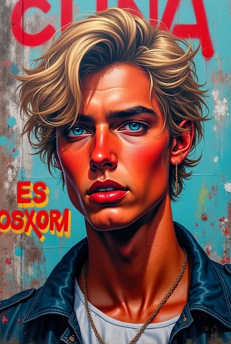 a graffiti on a city wall depicting a young man ,  red face , effeminate, light hair, side hairstyle,  with a phrase in large yellow letters that reads: EL CUCHO CAÑAR ES CACORRÓN 