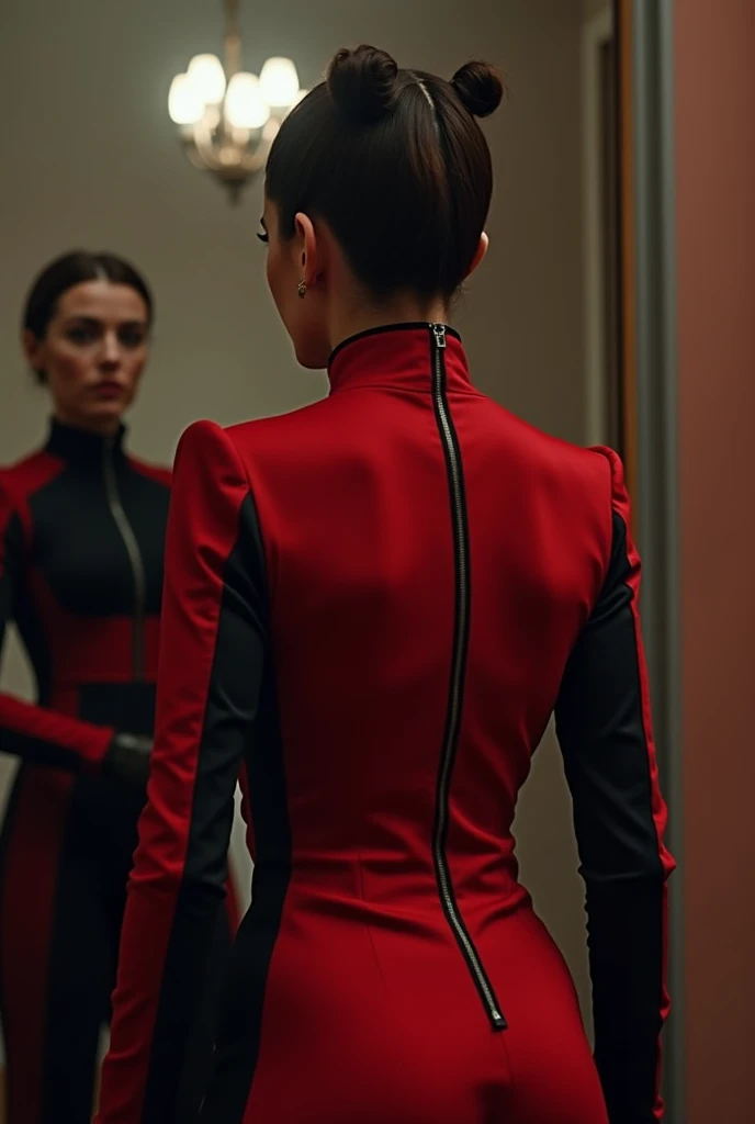 there is a woman standing in front of a mirror in a red dress, black and red silk clothing, wearing a black and red suit, red jumpsuit, full body black and red longcoat, black and red suit, red and black suit, red vest, wearing a red outfit, wearing red at...