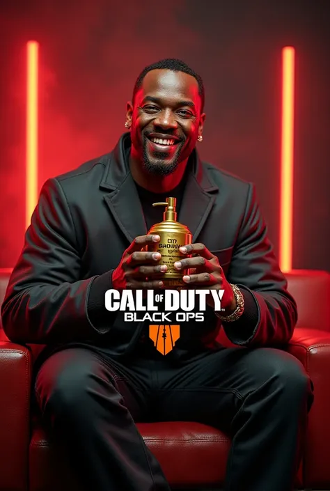 Smiling sean combs sitting. holding golden baby oil. Call of duty black ops 7 loading screen title in the center.