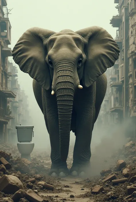 A picture of an elephant during the rocket war and destroyed buildings on the toilet