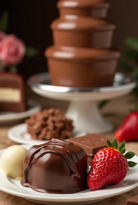 An exquisite display of various chocolate desserts in the foreground. The display includes a decadently rich dark chocolate truffle, a slice of milk chocolate mousse cake with a glossy mirror glaze, and a white chocolate covered strawberry. The background ...