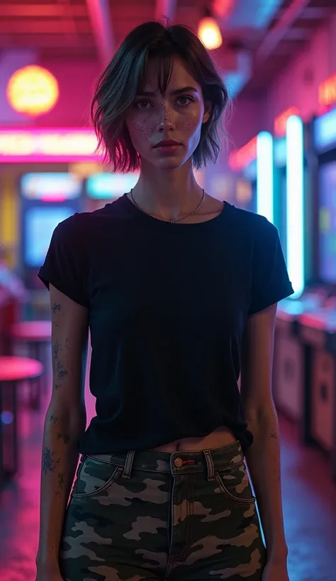 a woman with vitiligo, young, around 30 years old, short hair, wearing a plain black t-shirt, front view, wearing tight camouflage pants, set in an 80s arcade.