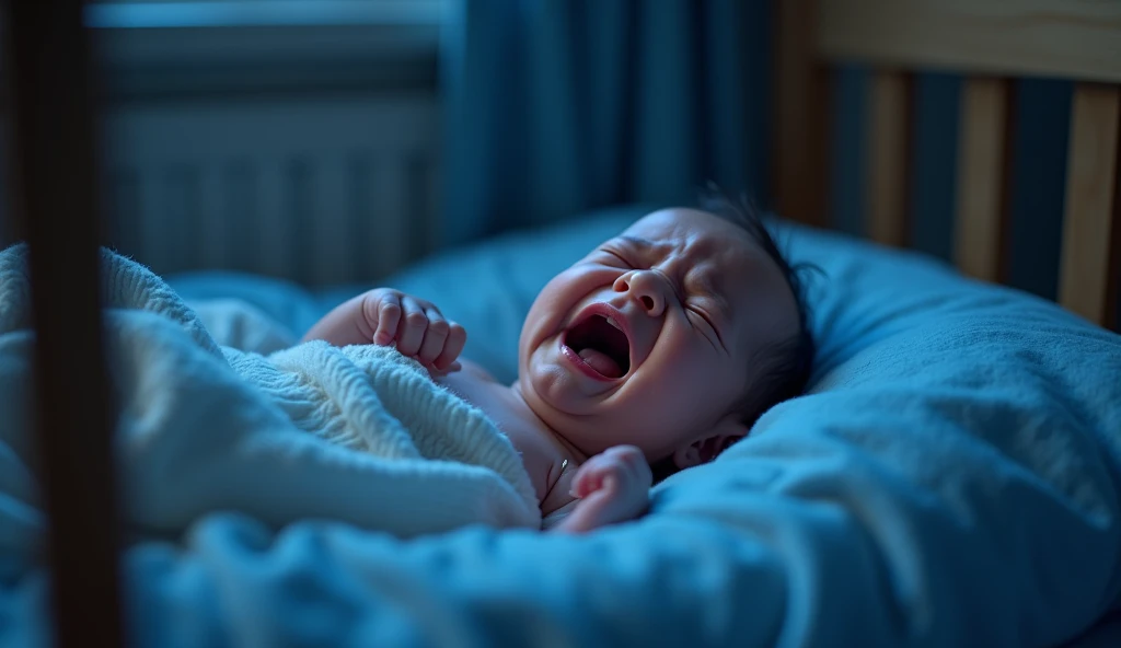 A crying baby in a crib, with a blue nightlight in the background.  ultra realistic image 