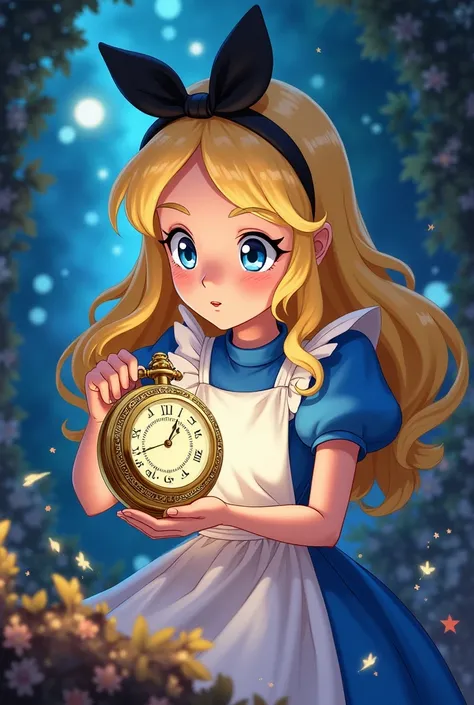 I draw Alice from Wonderland holding a hypnotic watch from the thread and rocking it, in anime style
