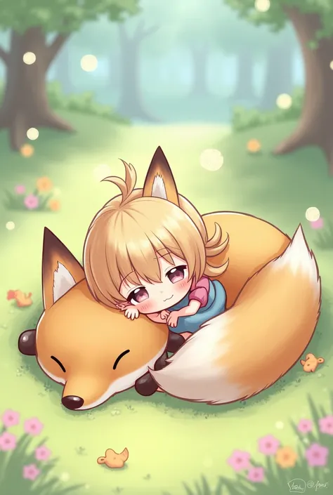 Fille qui dort sur un renard version chibi kawaii