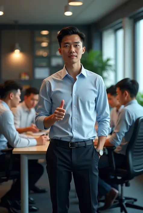 Create a socially dressed Chinese man wearing a dress shirt shoe clock in a room with several people fiddling with the computer 