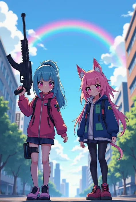 cartoon characters in a city with a rainbow in the background, a picture inspired by Wang Duo, trending on pixiv, neo-dada, vrchat, medium shot of two characters, maple story gun girl, stylized anime, kawaii swat team, cute cyber gods, e-girl, e - girl, ho...