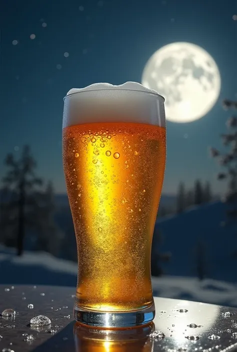 A hyper-realistic depiction of a large glass filled with cold, golden beer, topped with a thick layer of frothy foam. The glass sits on a pristine crystal table, with intricate reflections of the beer and moonlight on its surface. In the background, a clea...