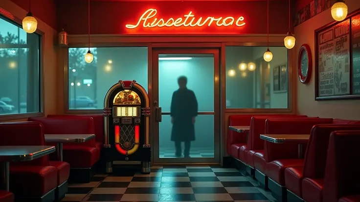 A dimly lit interior of the 'Sunset Restaurant,' a classic 1950s American diner with a nostalgic red-and-white color scheme. The iconic black-and-white checkered floor stretches across the room, with polished chrome accents on the booths and tables reflect...