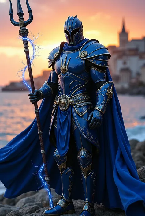 A regal and refined warrior clad in deep blue and chrome armor with trident motifs symbolizing Maserati’s logo. The armor is sophisticated yet battle-ready, with flowing cape-like fabric and intricate engravings. The warrior wields a trident weapon surroun...