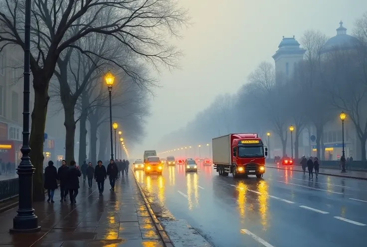 Oil painting. Oil on canvas. (Impressionist style:1.5) of Unter den Linden in Berlin on a foggy, rainy spring evening. pov from sidewalk looking diagonally across road. Line of cars and trucks in both direction.  hesdlightd and tail lamps. Pedestrians walk...