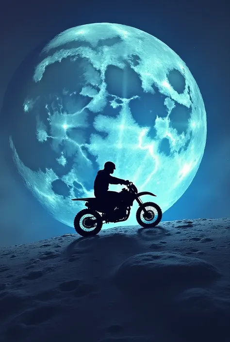 Face of the moon ,  with a man on a motorcycle passing over the moon in shadow ,  with a blue and purple sky behind 