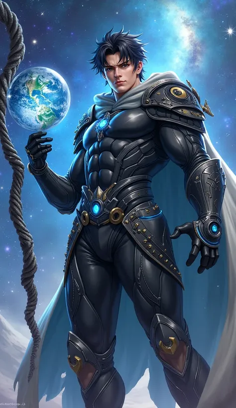  Create an image of a muscular young man with black hair and bright brown eyes .   He is wearing decorative high-tech black armor full body with bright blue pattern parts of armor,  and a gray robe  ,   along with a black high-tech belt and black gloves  ....