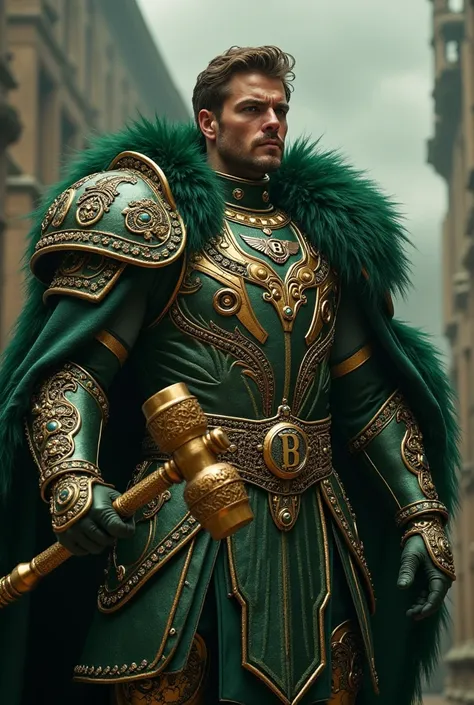 A powerful and majestic warrior adorned in royal green and gold armor with feather-like details inspired by Bentley’s logo. The design exudes luxury and class, with a high-collared cape and intricate, jewel-like embellishments. The warrior wields a massive...