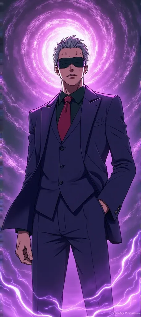 Create gojo satoru with black blind folds with purple suit with Gastly auria and one piece art style