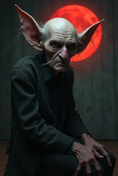  A very old and bald man has huge ears and there is hair coming out from inside his ears. He has a creepy face .  The place where he is is very dark . The Moon is red 