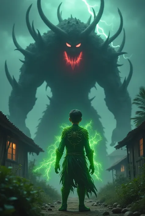 Show a thunderstorm over a small village. The Shadow Beast, a huge, smoky creature with glowing red eyes, roars as it approaches. Ali, now wearing glowing green armor made of vines and leaves, stands in front of the beast, looking determined. Add intense a...