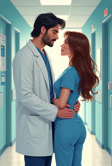 Couple illustration, in a hospital corridor, en tenue de médecin et d'infirmière. ils sont de dos a la photo, He put his hand on the woman's buttocks. He is a doctor , Of Spanish origin, Bad boy, beau gosse, il a vingt huit ans with les cheveux mi-long noi...