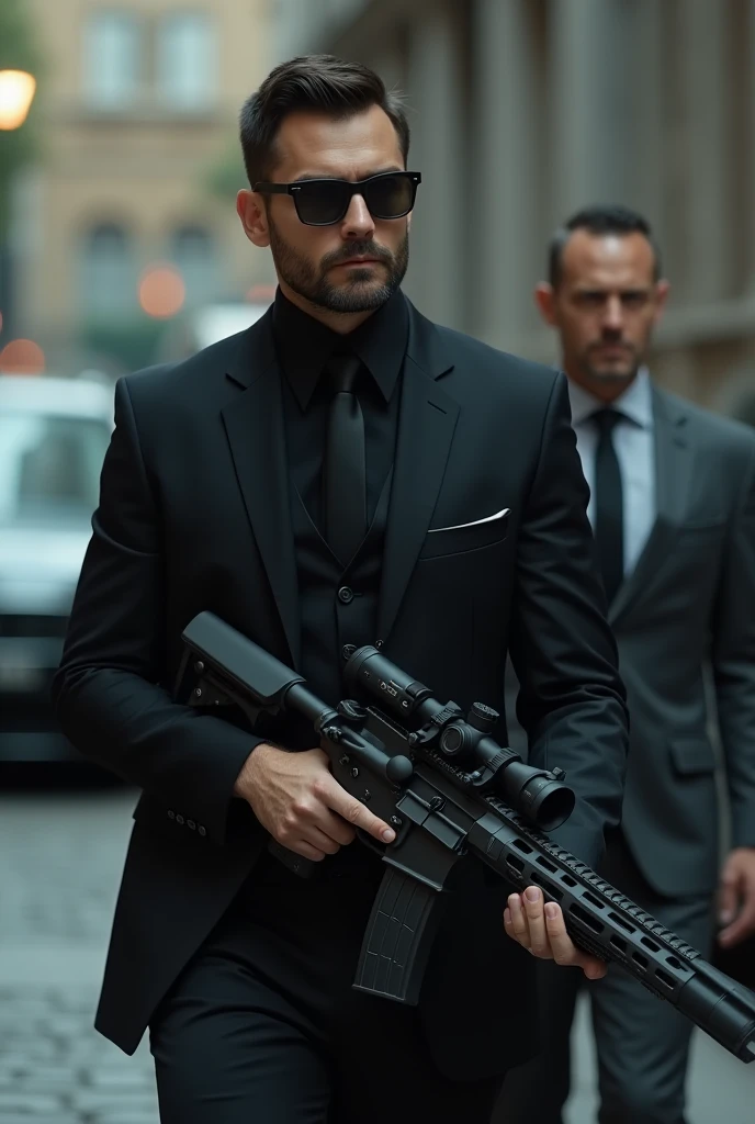 Handsome and intimidating man with short dark hair with short fledgling beard in his 30s , tall and stocky dressed in a black suit and dark glasses , carrying a professional sniper rifle , protecting a handsome and elegant man in his 40s dressed in a gray ...