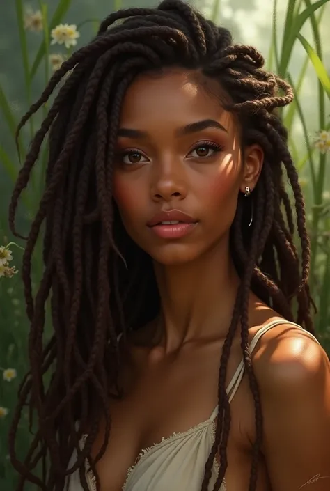 She haves long dreads, shes light brown skin, she have light brown eyes, shes 23 years old, shes charming 