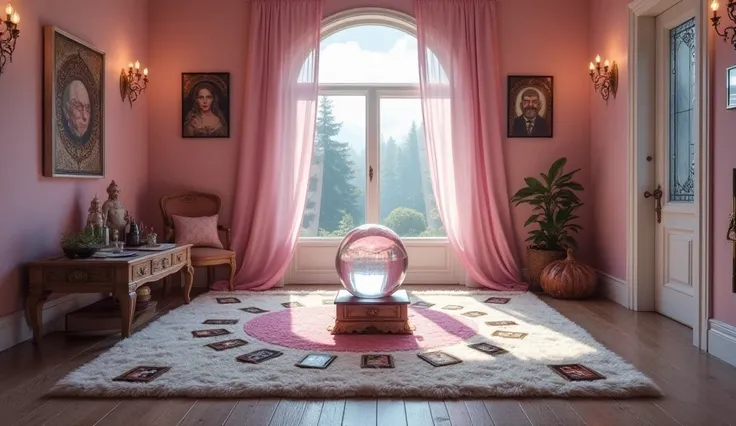  based on white and pastel pink、Fortune telling room、 mysterious atmosphere、There is a fluffy carpet、 magic circle is pictured on the 、Tarot cards are displayed on the floor and walls、 I can see the moonlight beautifully through the window、 background imag...