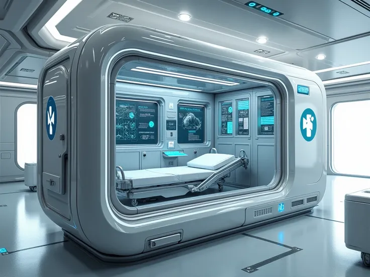 A futuristic design that has no resemblance to an advanced medical device, similar to a multifunctional mobile unit, of medium size, designed to be used on all types of naval ships."

", shiny metal surface, elegant lines, advanced touch screen displays, i...