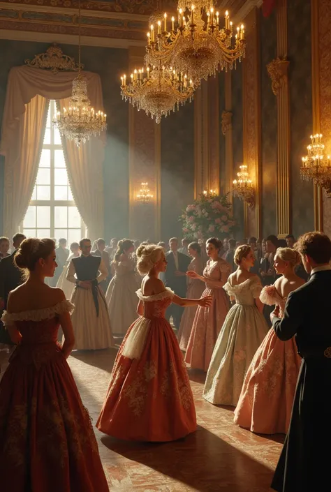 A historical scene depicting a French aristocratic ball, with guests in elegant 18th-century dresses and elaborate decorations."