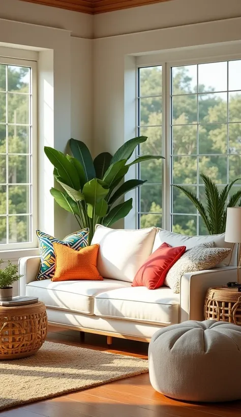 A bright and casual California-style living room featuring a white sofa, a natural fiber rug, and colorful patterned throw pillows. The room is decorated with lush green plants, rattan accents, and soft natural lighting from large windows. The overall vibe...