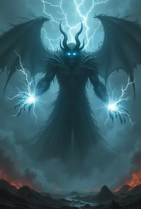  A hellish demon with glowing eyes and a body,  consisting of black smoke and electric sparks . His hands form electrical circuits of energy .