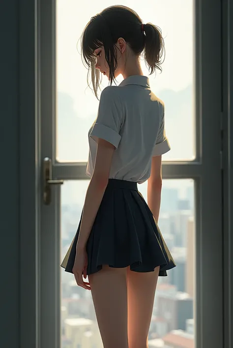 student,  Short skirt ,  is standing with your back,  leaned