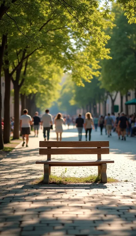 " Imagine a quiet square on a sunny day .  in the center of the image , there is an empty wooden bench , well centered,  with a right angle and a perspective that highlights its simplicity and rusticity. In the background,  several people pass by ,  some t...